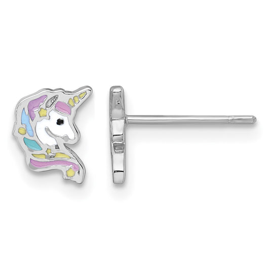 Sterling Silver Rhodium-plated Polished White and Rainbow Enamel Unicorn Head Childrens Post Earrings