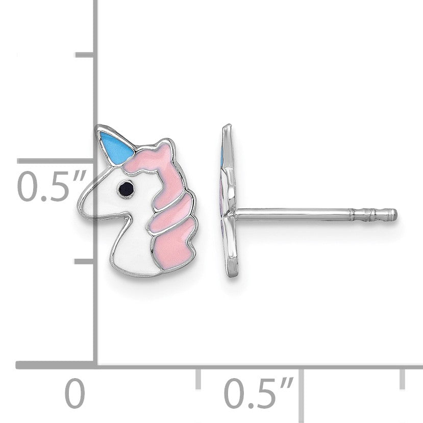 Sterling Silver Madi K Rhodium-plated Enameled Unicorn Childrens Post Earrings