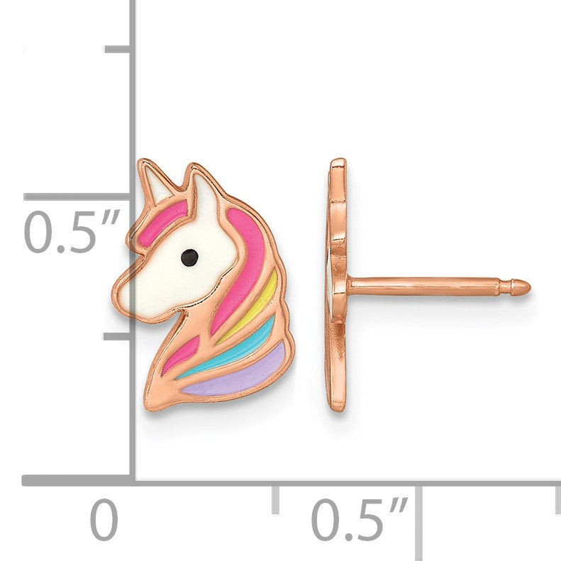 Sterling Silver Rose-tone Polished White and Rainbow Enameled Unicorn Childrens Post Earrings