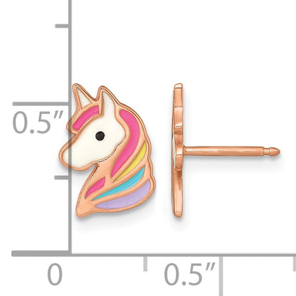 Sterling Silver Rose-tone Polished White and Rainbow Enameled Unicorn Childrens Post Earrings
