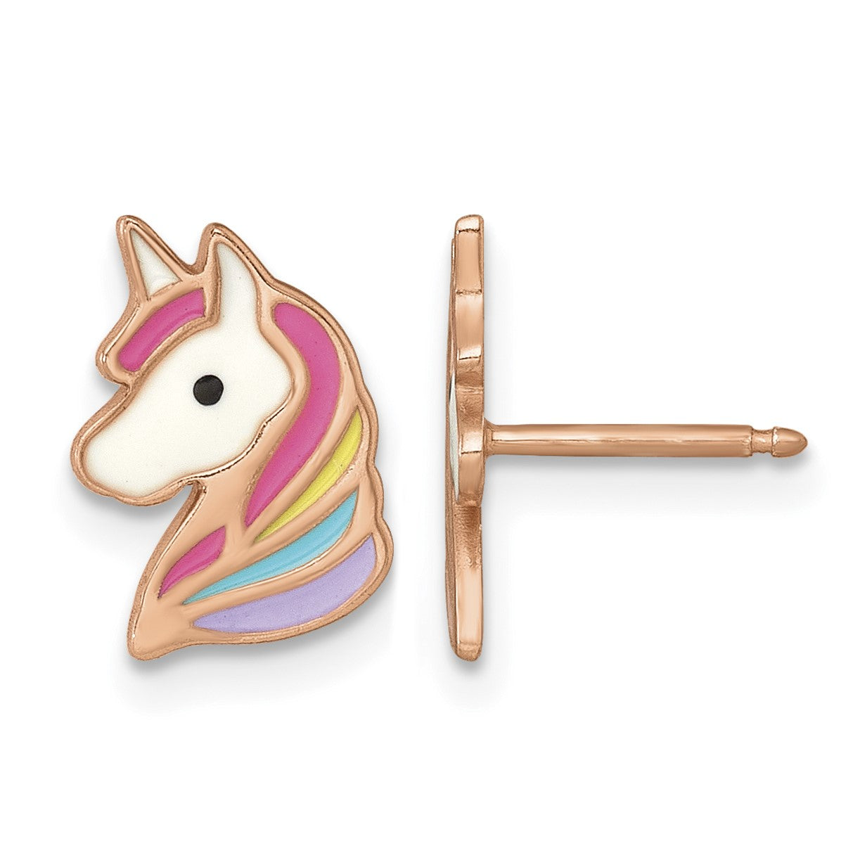 Sterling Silver Rose-tone Polished White and Rainbow Enameled Unicorn Childrens Post Earrings