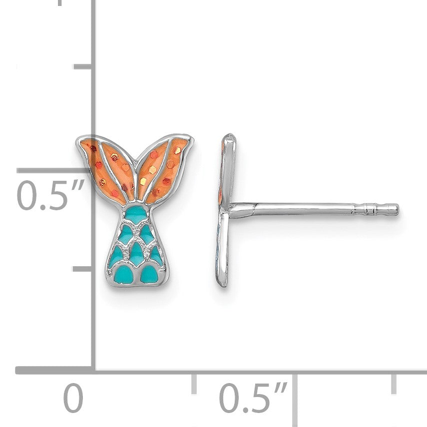 Sterling Silver Madi K Rhodium-plated Enameled Mermaid Tail Childrens Post Earrings