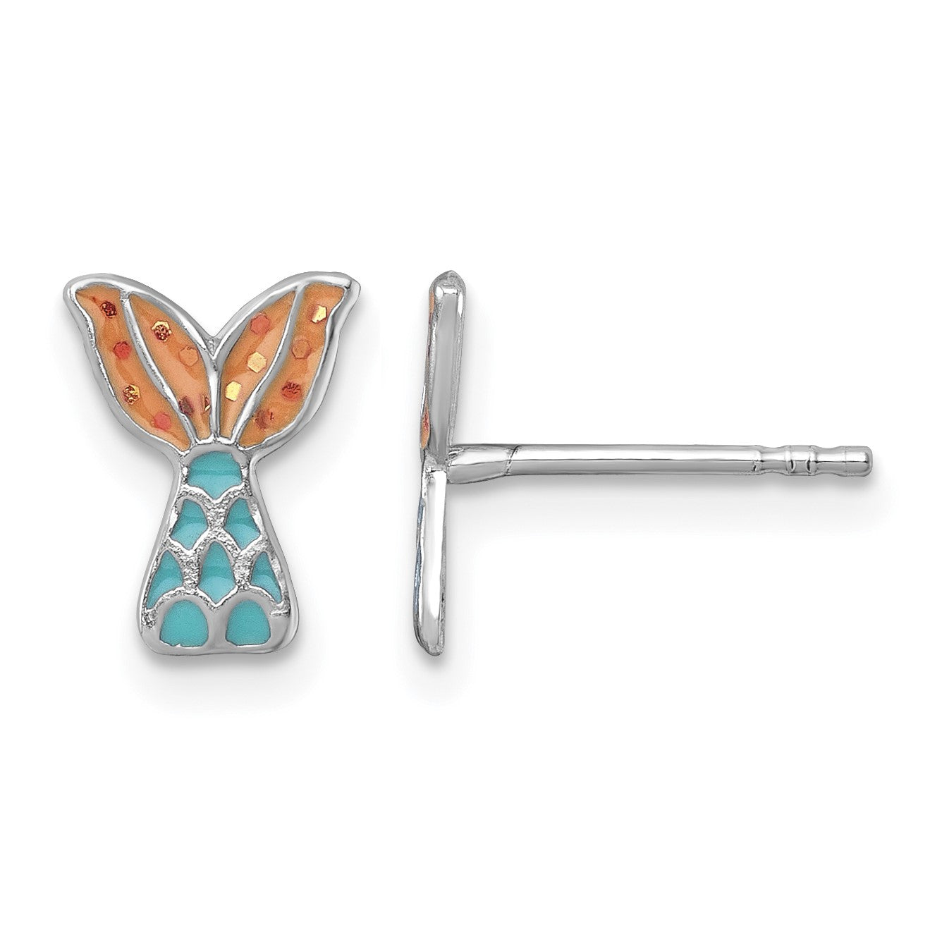 Sterling Silver Madi K Rhodium-plated Enameled Mermaid Tail Childrens Post Earrings