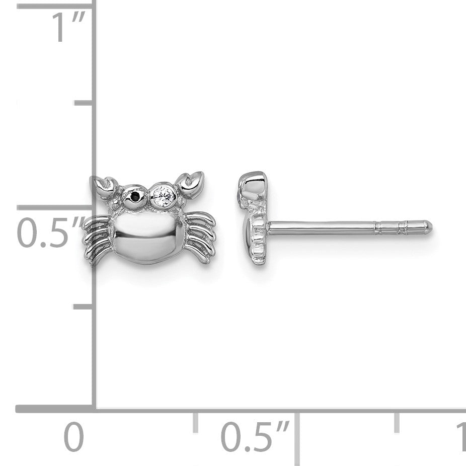 Sterling Silver Rhodium-plated Polished Black Enamel and White CZ Crab Childrens Post Earrings