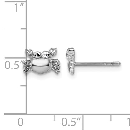 Sterling Silver Rhodium-plated Polished Black Enamel and White CZ Crab Childrens Post Earrings