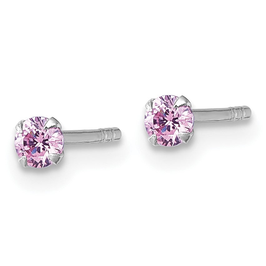 Sterling Silver Madi K Rhodium-plated 3.00mm Pink CZ Childrens Stud Post Earrings