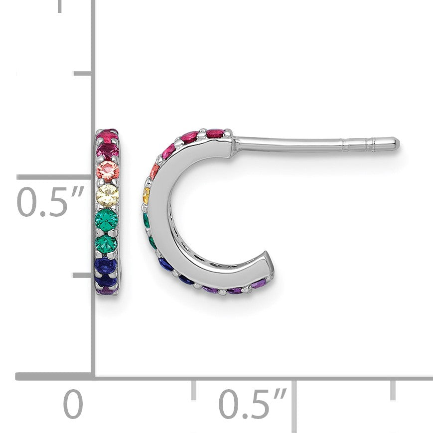 Sterling Silver Rhodium-plated Polished Rainbow Nano Crystals Childrens J-Hoop Post Earrings