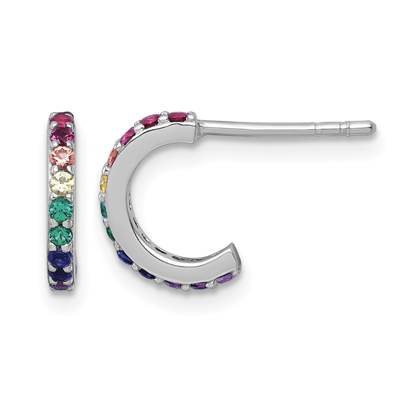 Sterling Silver Rhodium-plated Polished Rainbow Nano Crystals Childrens J-Hoop Post Earrings