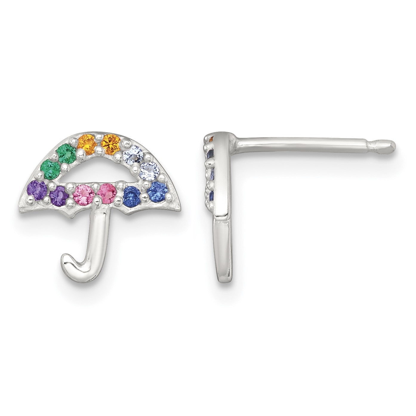 Sterling Silver Polished Multi-color Nano Crystals Umbrella Childrens Post Earrings