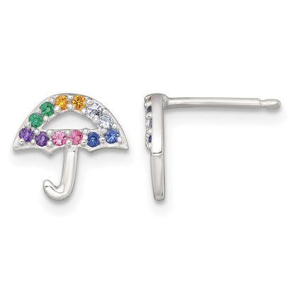 Sterling Silver Polished Multi-color Nano Crystals Umbrella Childrens Post Earrings
