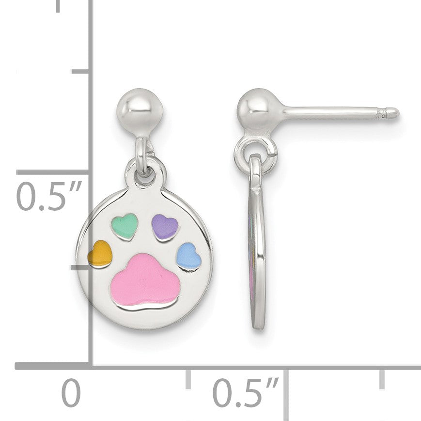 Sterling Silver Polished Enameled Multi-color Heart Pawprint Childrens Post Dangle Earrings