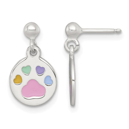 Sterling Silver Polished Enameled Multi-color Heart Pawprint Childrens Post Dangle Earrings