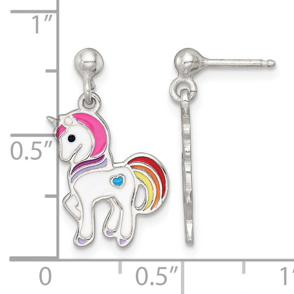 Sterling Silver Polished White and Rainbow Enameled Unicorn Childrens Post Dangle Earrings