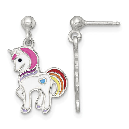 Sterling Silver Polished White and Rainbow Enameled Unicorn Childrens Post Dangle Earrings