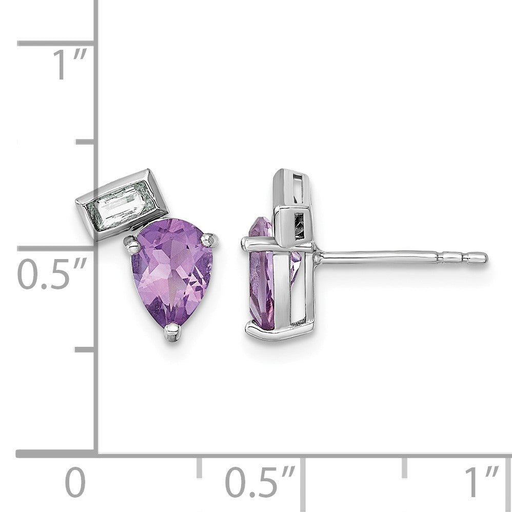 Sterling Silver Rhodium-plated Polished Pear Amethyst and Emerald-cut White Topaz Post Earrings