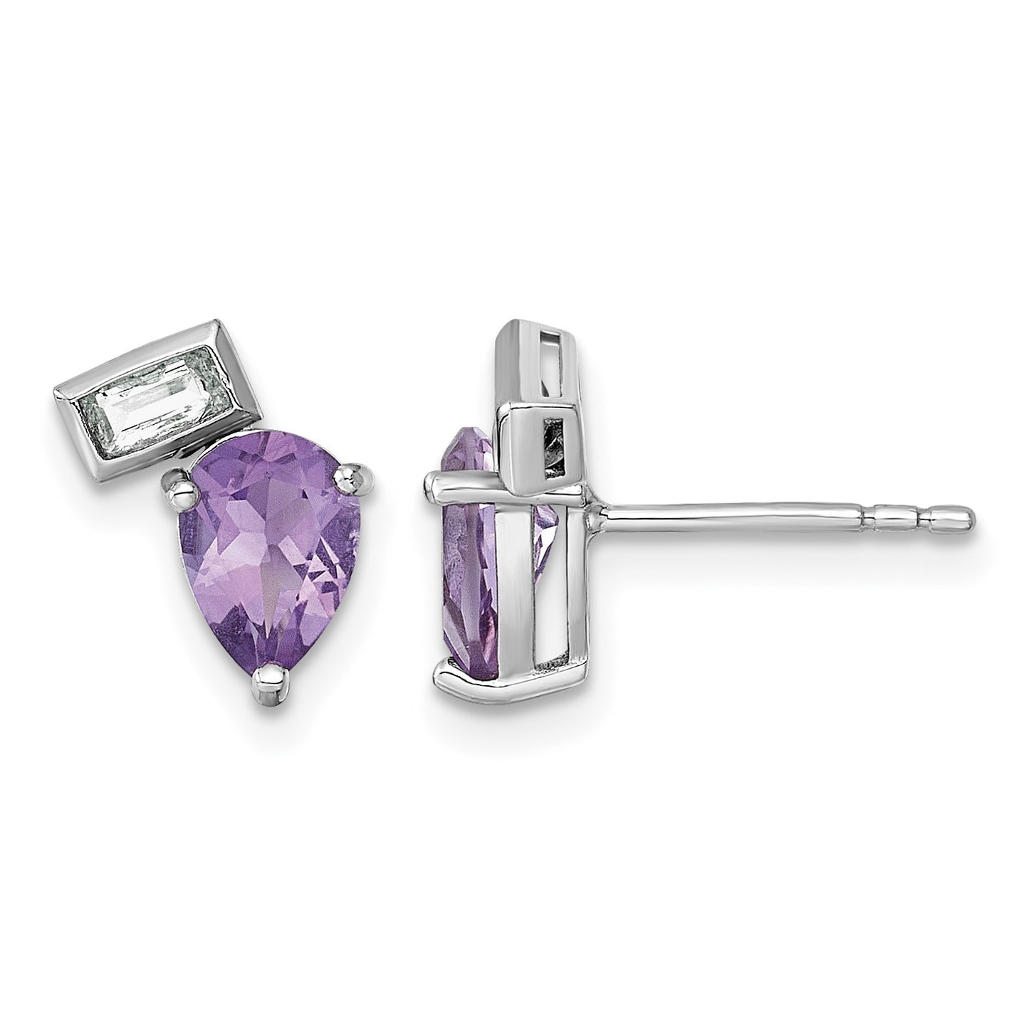 Sterling Silver Rhodium-plated Polished Pear Amethyst and Emerald-cut White Topaz Post Earrings
