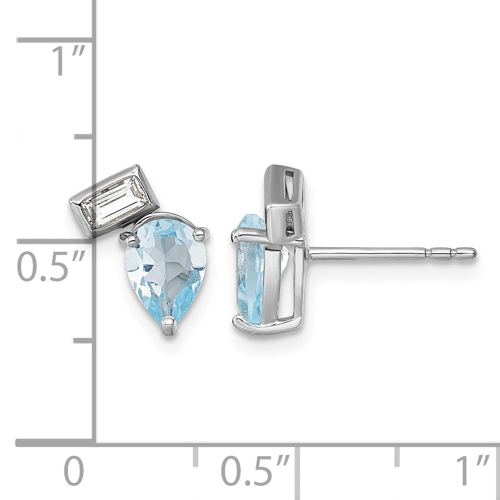 Sterling Silver Rhodium-plated Polished Pear Sky Blue and Emerald-cut White Topaz Post Earrings