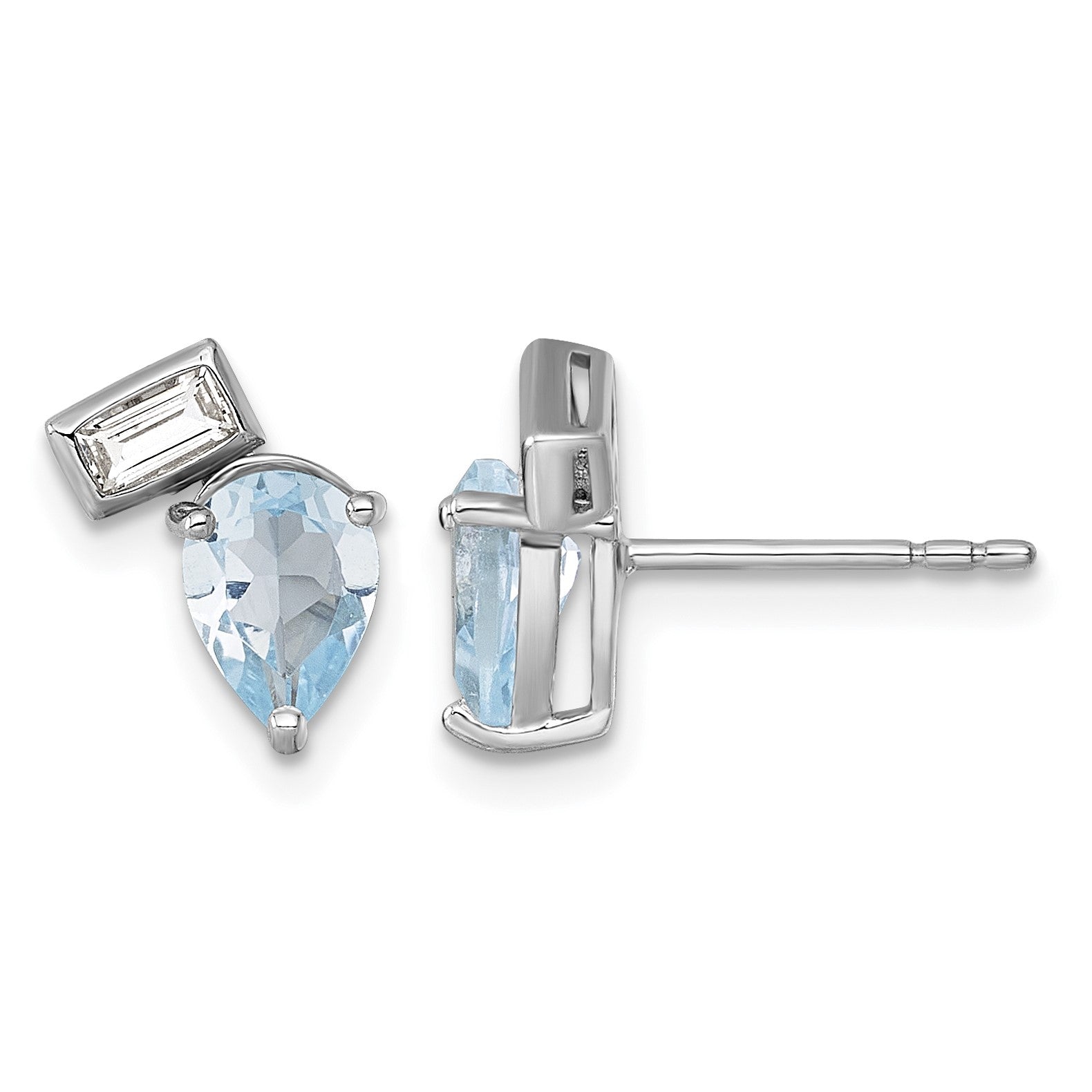 Sterling Silver Rhodium-plated Polished Pear Sky Blue and Emerald-cut White Topaz Post Earrings