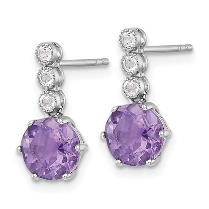 Sterling Silver Rhodium-plated Polished and Beaded Round Amethyst and White Topaz Dangle Post Earrings