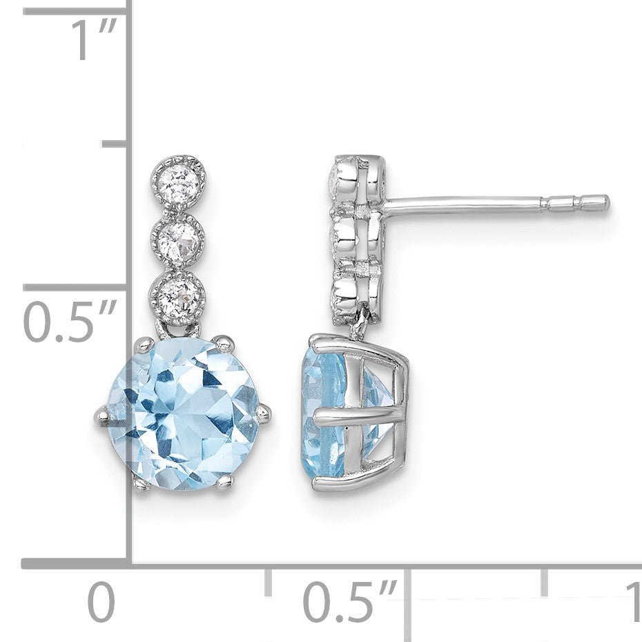 Sterling Silver Rhodium-plated Polished and Beaded Round Sky Blue and White Topaz Dangle Post Earrings