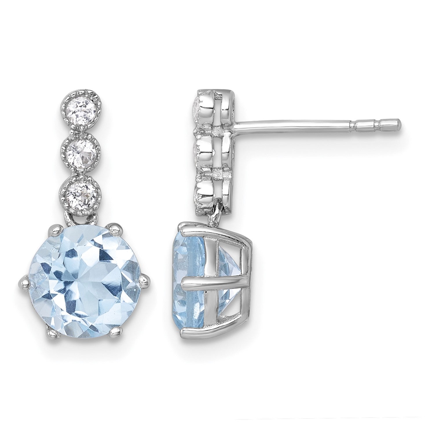 Sterling Silver Rhodium-plated Polished and Beaded Round Sky Blue and White Topaz Dangle Post Earrings