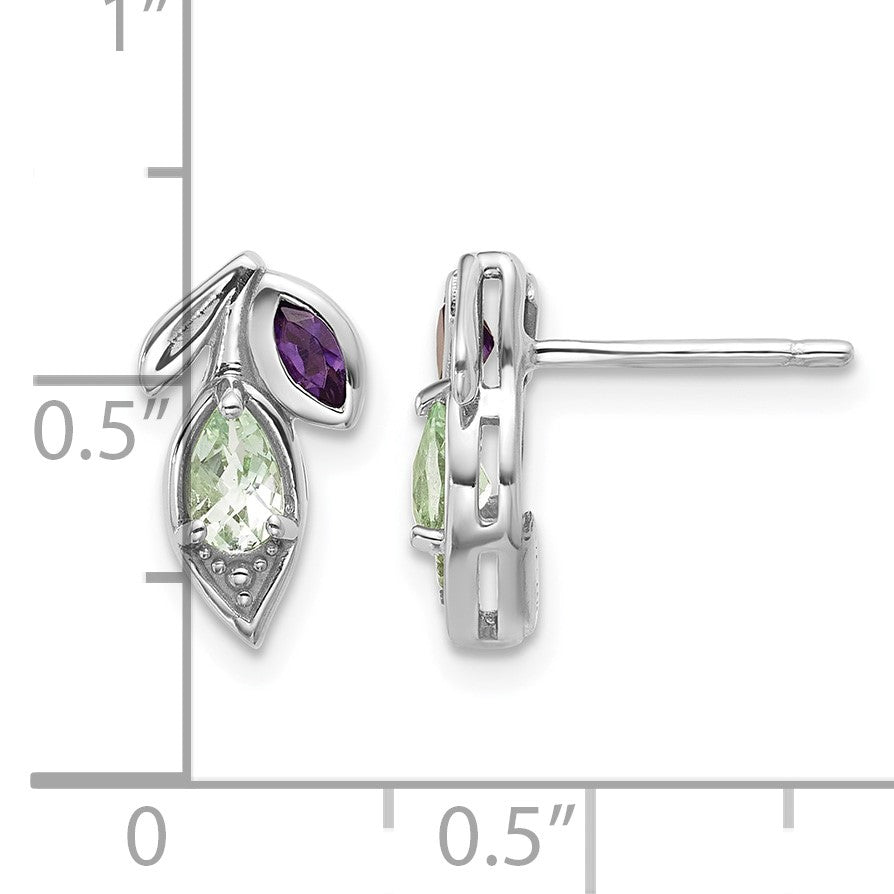 Sterling Silver Rhodium-plated Polished Amethyst and Green Quartz Leaf Post Earrings