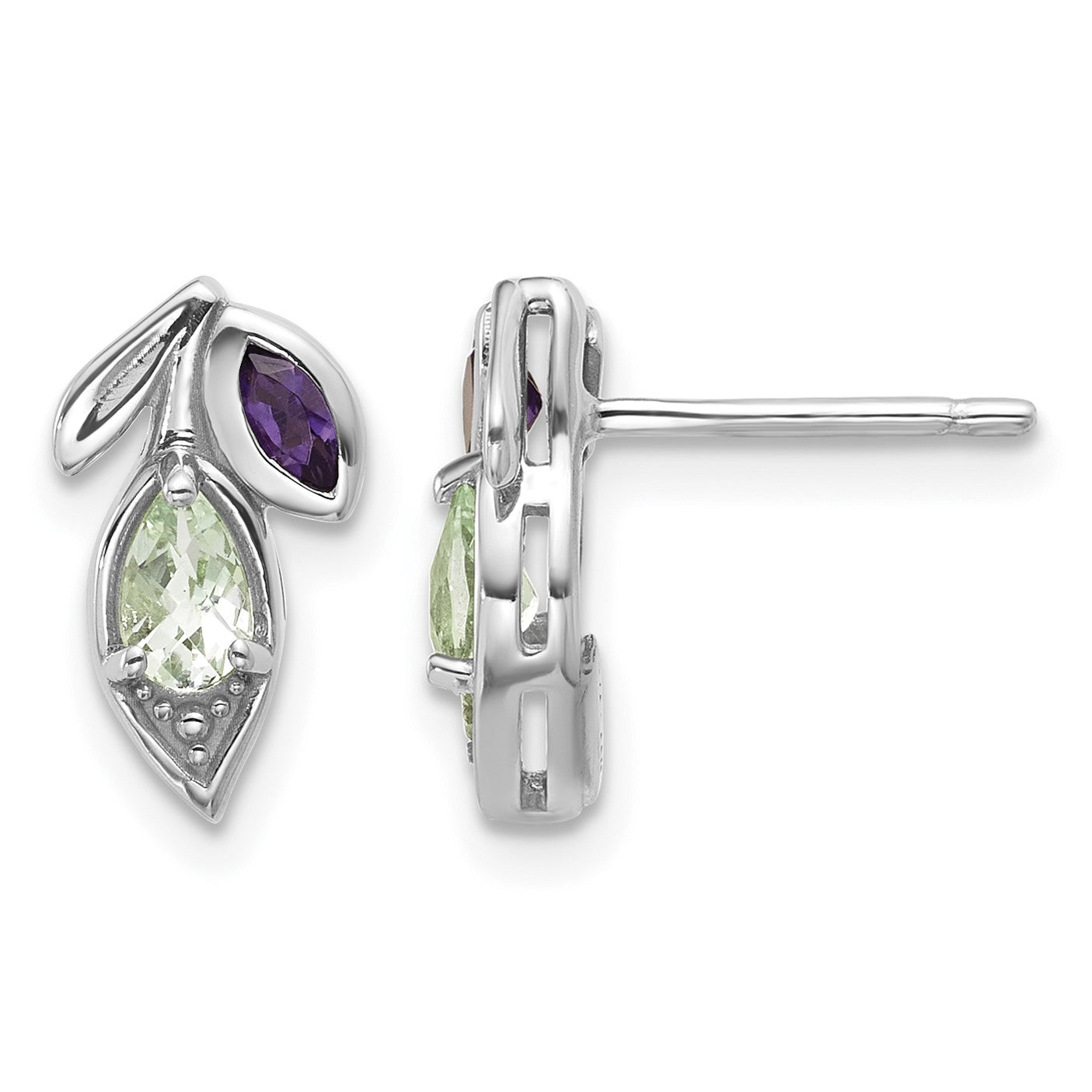 Sterling Silver Rhodium-plated Polished Amethyst and Green Quartz Leaf Post Earrings