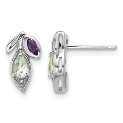 Sterling Silver Rhodium-plated Polished Amethyst and Green Quartz Leaf Post Earrings
