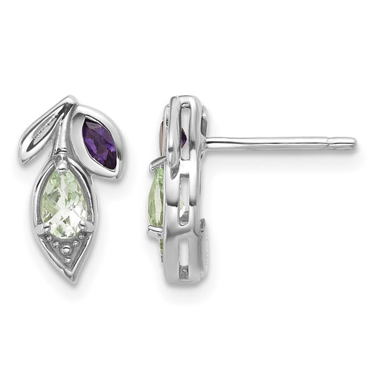 Sterling Silver Rhodium-plated Polished Amethyst and Green Quartz Leaf Post Earrings