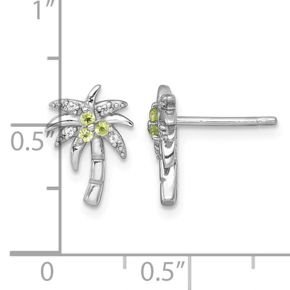 Sterling Silver Rhodium-plated Polished and Grooved Peridot and White Topaz Palm Tree Post Earrings