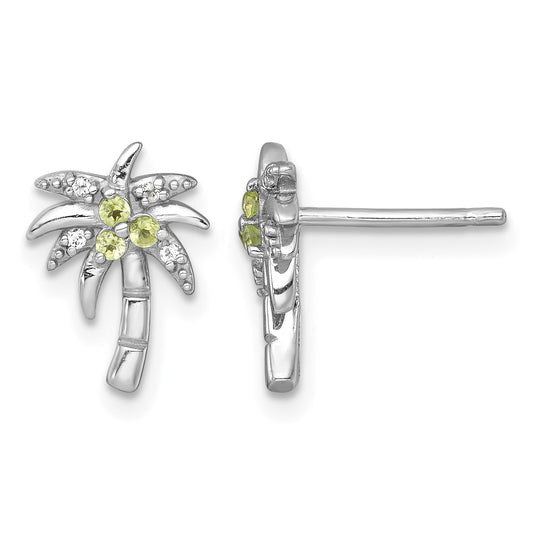Sterling Silver Rhodium-plated Polished and Grooved Peridot and White Topaz Palm Tree Post Earrings