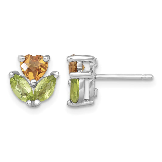 Sterling Silver Rhodium-plated Polished Heart Citrine and Peridot Flower Post Earrings