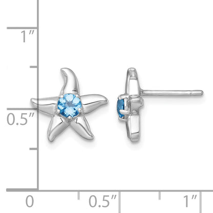 Sterling Silver Rhodium-plated Polished Round Light Swiss Blue Topaz Starfish Post Earrings