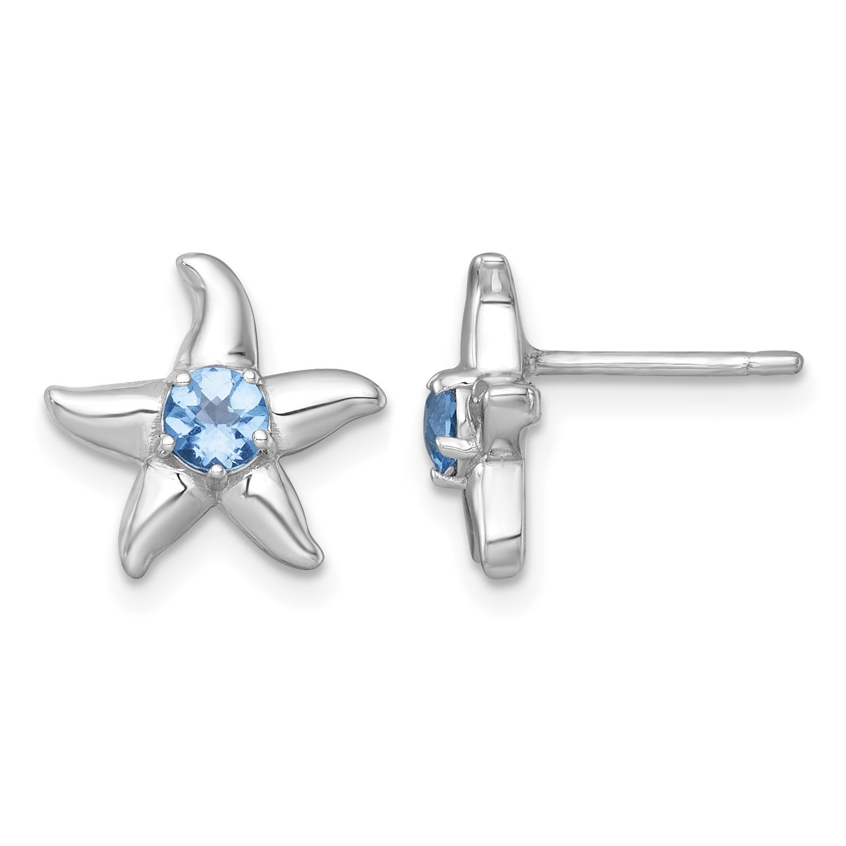 Sterling Silver Rhodium-plated Polished Round Light Swiss Blue Topaz Starfish Post Earrings