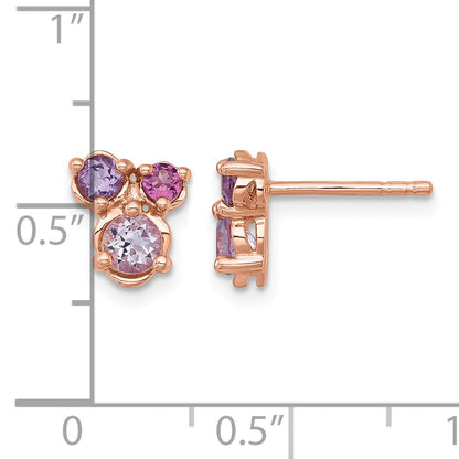 Sterling Silver Rose Gold-plated Polished Round Amethyst, Pink Quartz and Rhodolite Garnet Post Earrings