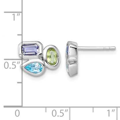 Sterling Silver Rhodium-plated Polished Pear Blue Topaz, Oval Peridot and Emerald-cut Amethyst Post Earrings