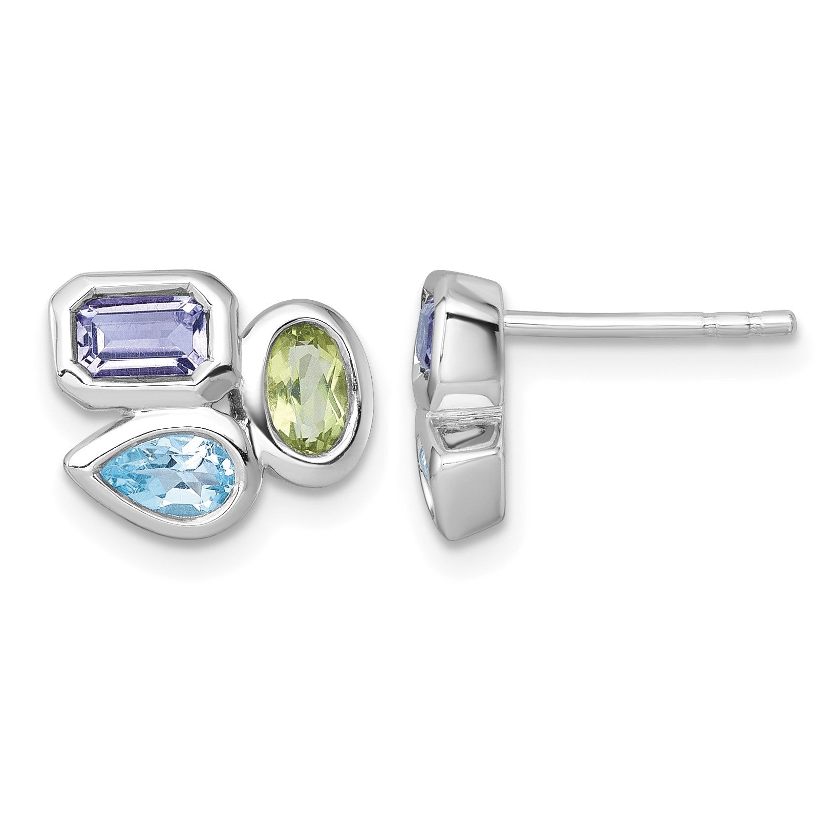 Sterling Silver Rhodium-plated Polished Pear Blue Topaz, Oval Peridot and Emerald-cut Amethyst Post Earrings