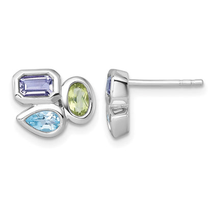 Sterling Silver Rhodium-plated Polished Pear Blue Topaz, Oval Peridot and Emerald-cut Amethyst Post Earrings