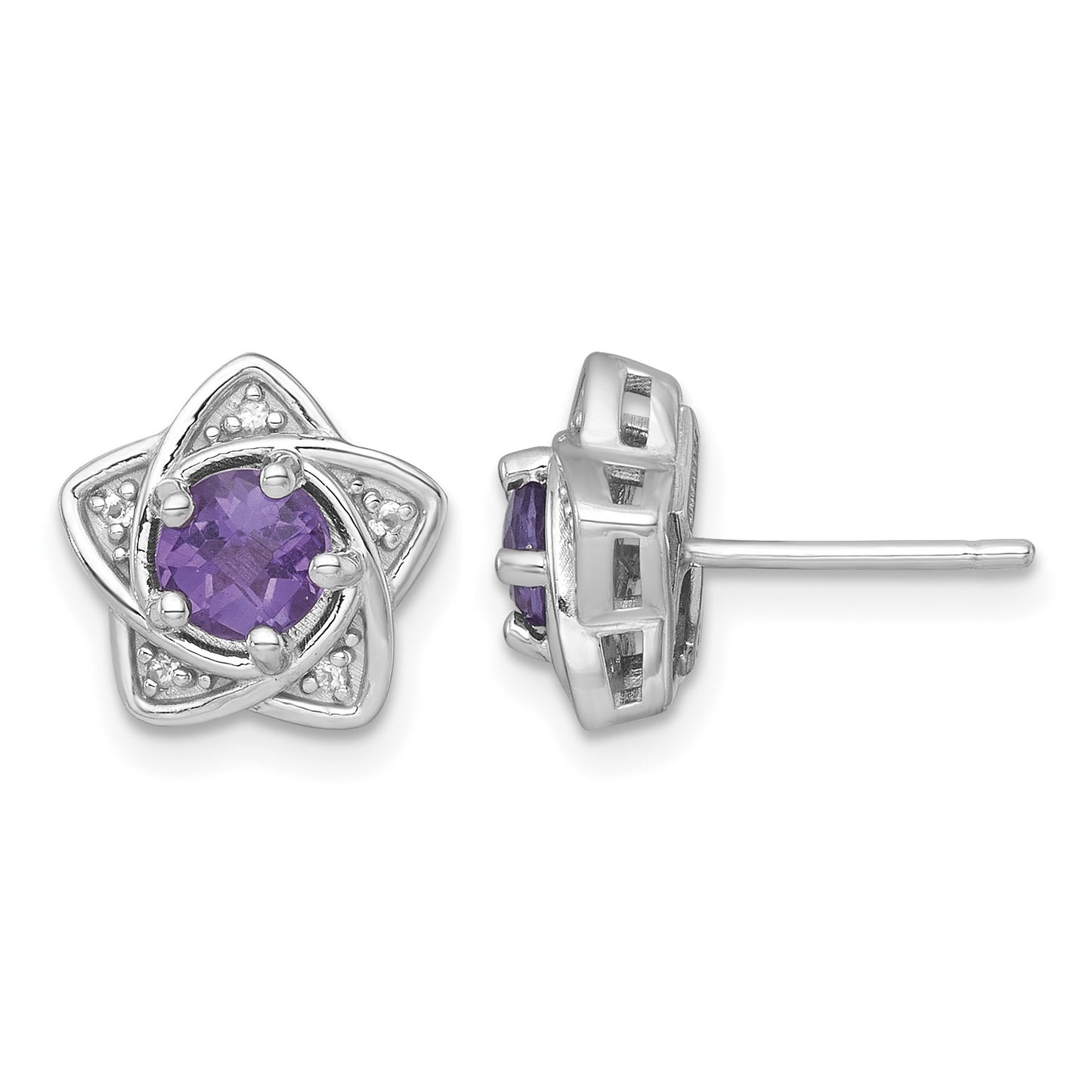 Sterling Silver Rhodium-plated Polished Amethyst and White Topaz Star Post Earrings
