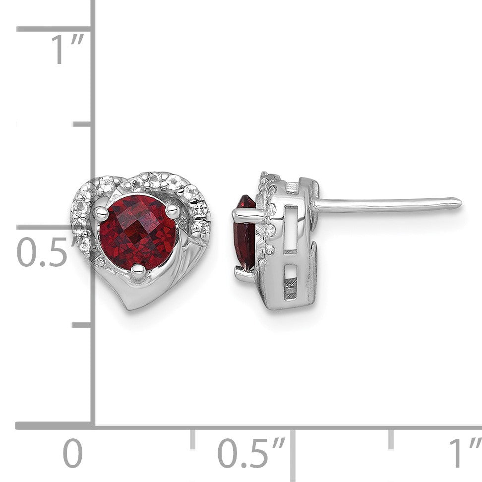 Sterling Silver Rhodium-plated Polished Garnet and White Topaz Heart Post Earrings
