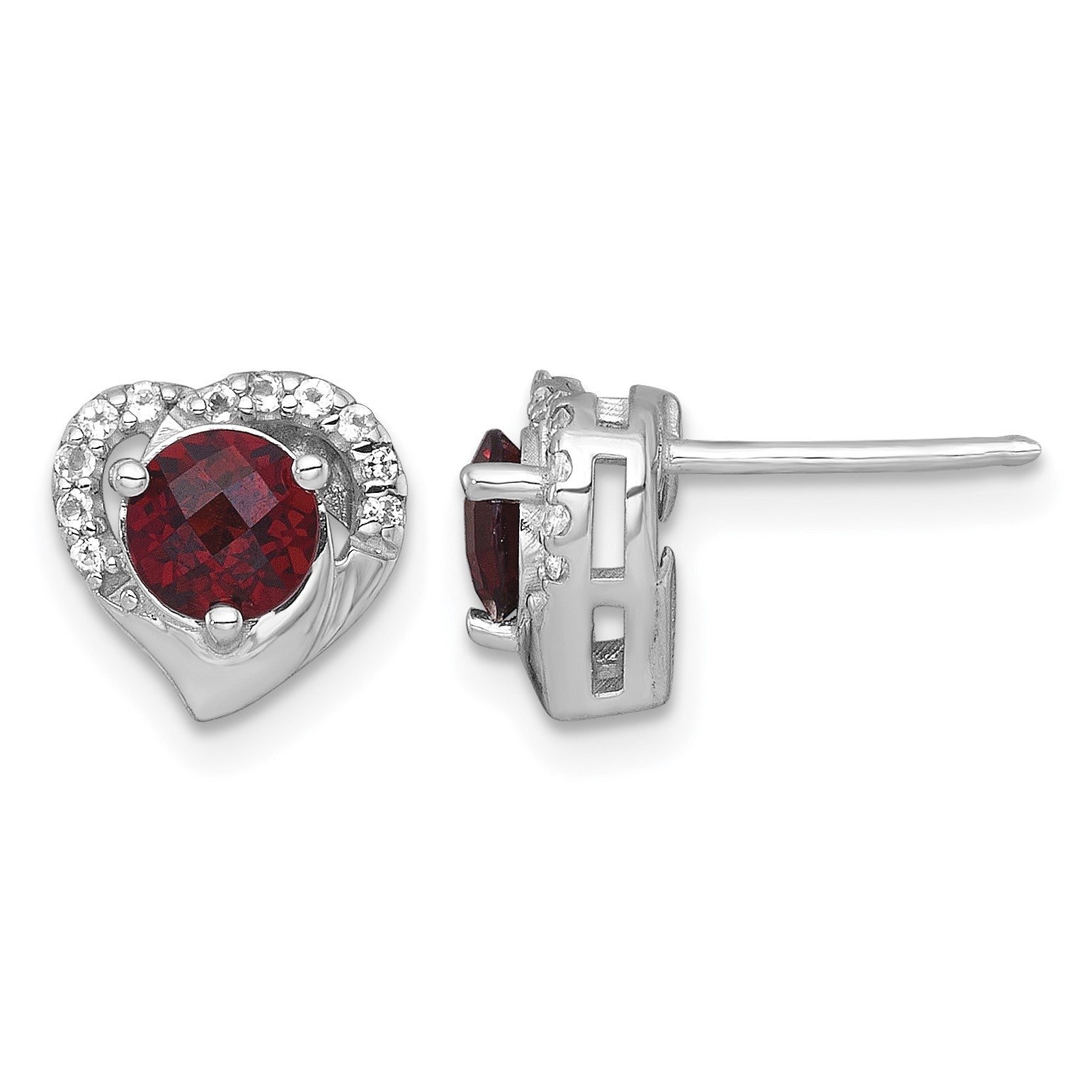 Sterling Silver Rhodium-plated Polished Garnet and White Topaz Heart Post Earrings