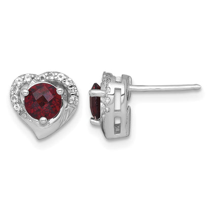 Sterling Silver Rhodium-plated Polished Garnet and White Topaz Heart Post Earrings