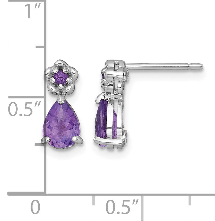 Sterling Silver Rhodium-plated Polished Amethyst Teardrop and Flower Post Earrings
