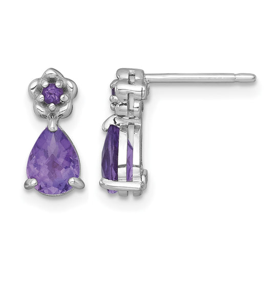 Sterling Silver Rhodium-plated Polished Amethyst Teardrop and Flower Post Earrings