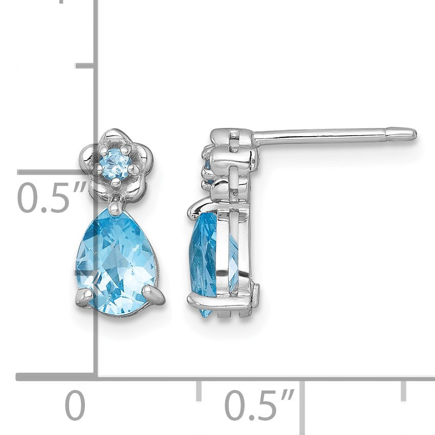 Sterling Silver Rhodium-plated Polished Light Swiss Blue Topaz Teardrop and Flower Post Earrings