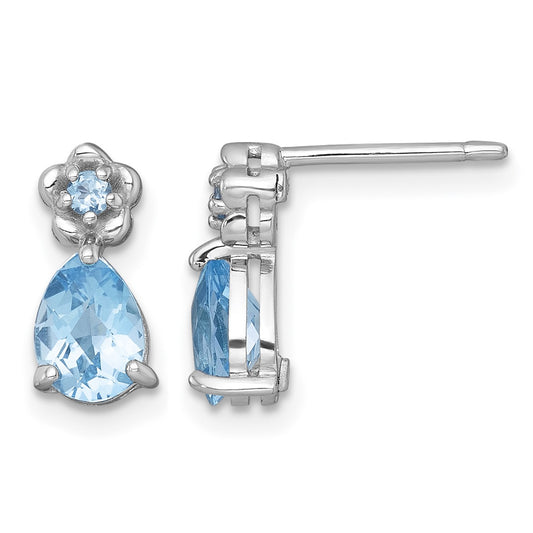 Sterling Silver Rhodium-plated Polished Light Swiss Blue Topaz Teardrop and Flower Post Earrings
