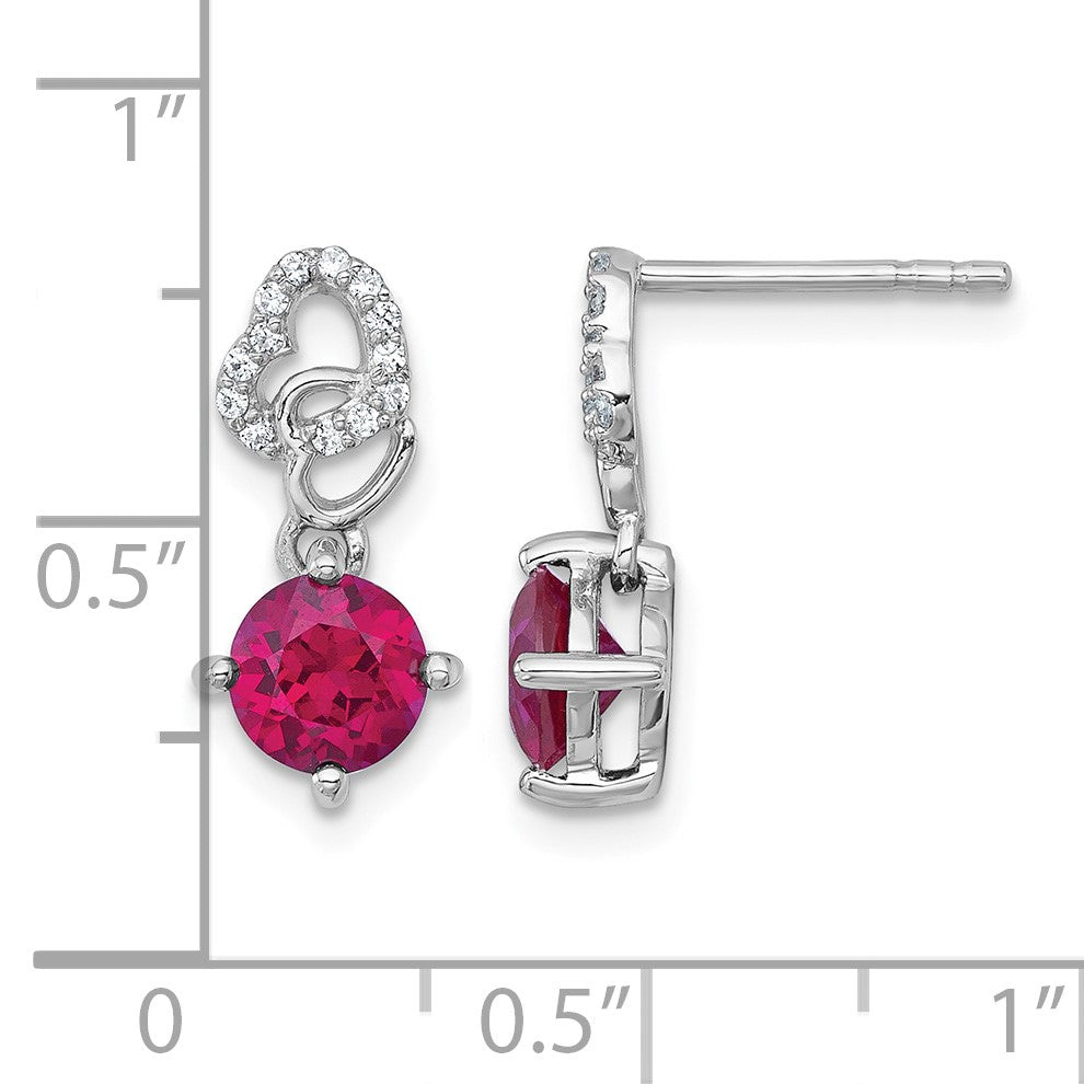 Sterling Silver Rhodium-plated Polished Round Lab Created Ruby and CZ Heart Post Dangle Earrings