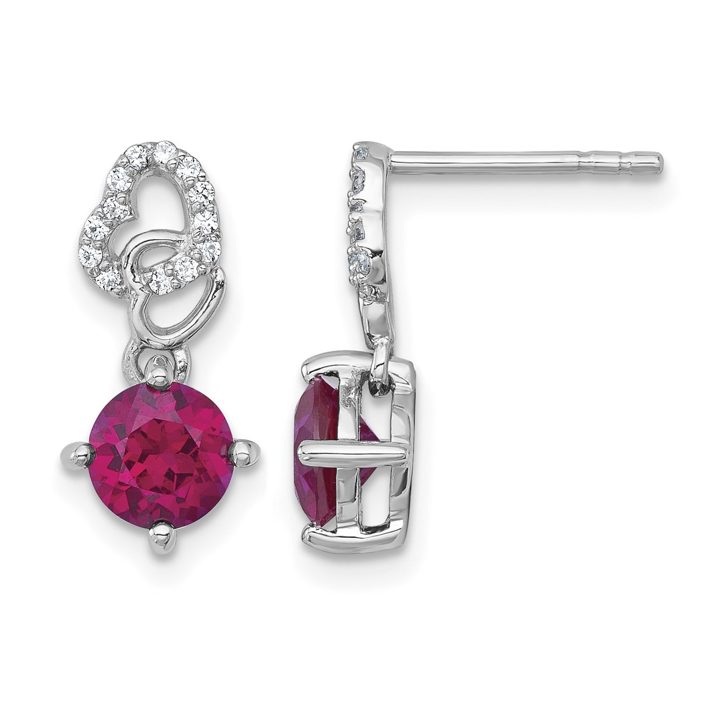 Sterling Silver Rhodium-plated Polished Round Lab Created Ruby and CZ Heart Post Dangle Earrings