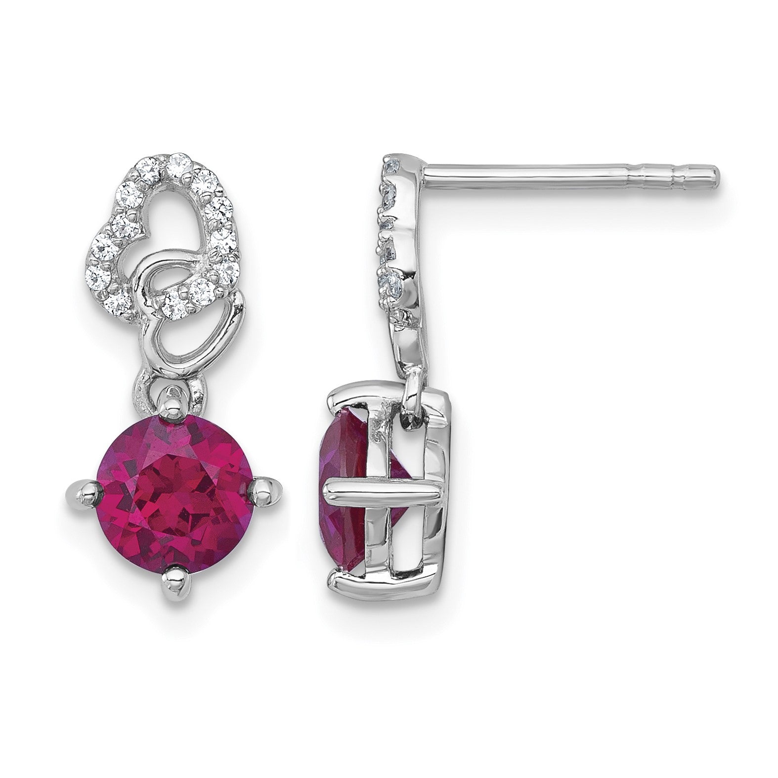 Sterling Silver Rhodium-plated Polished Round Lab Created Ruby and CZ Heart Post Dangle Earrings
