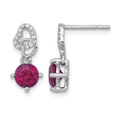 Sterling Silver Rhodium-plated Polished Round Lab Created Ruby and CZ Heart Post Dangle Earrings